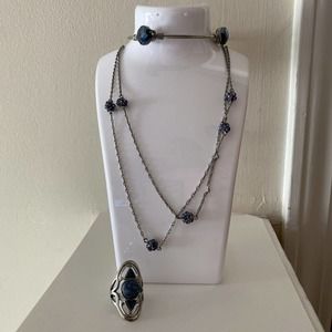 SilverTone Long Chain Blue Bead 24” Necklace /8.5” Bracelet & 7.5 Ring Set